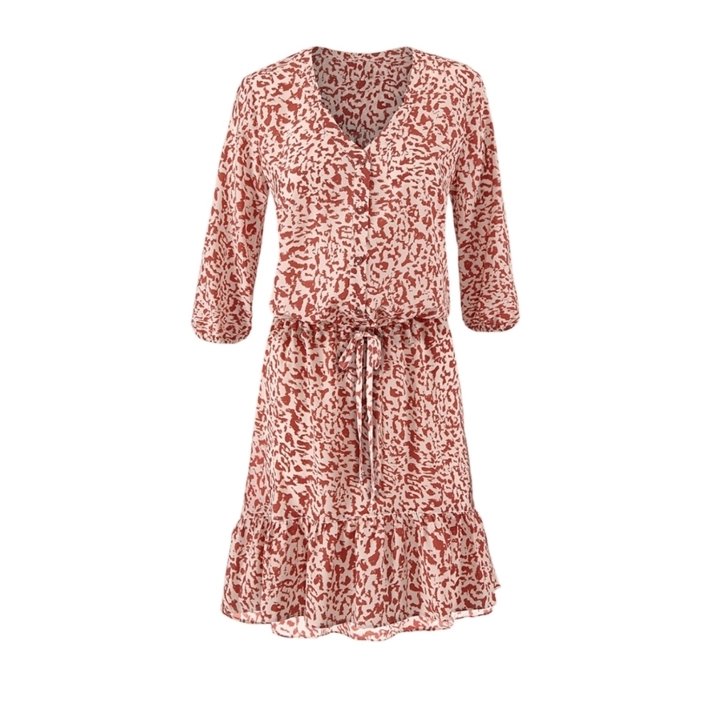 Cabi Rust Natural Sienna Leopard Print Ruffle Button Front Dress